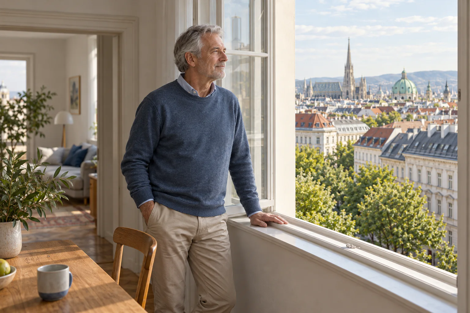 Mann blickt aus einer Wiener Wohnung in die Stadt